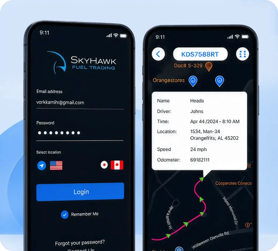 SkyHawk by TELUS mobile app screens showing fleet tracking and login