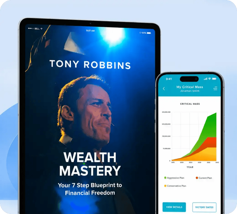 Tony Robbins Wealth Mastery app shown on tablet and phone