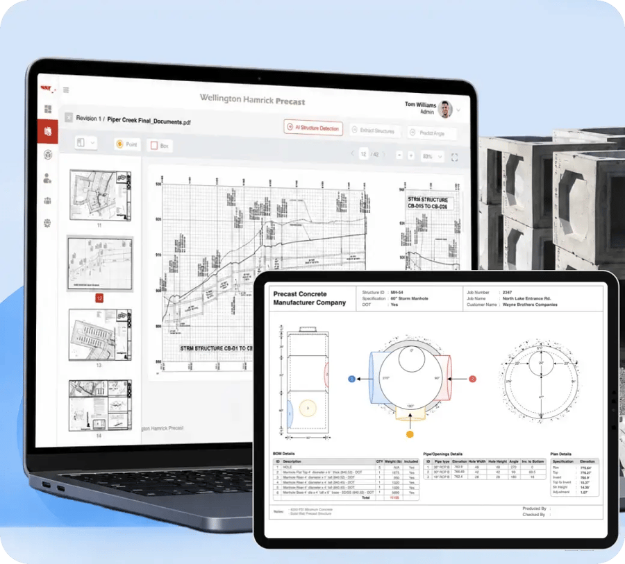 Wellington Hamrick Precast AI takeoff automation tool shown on laptop and tablet